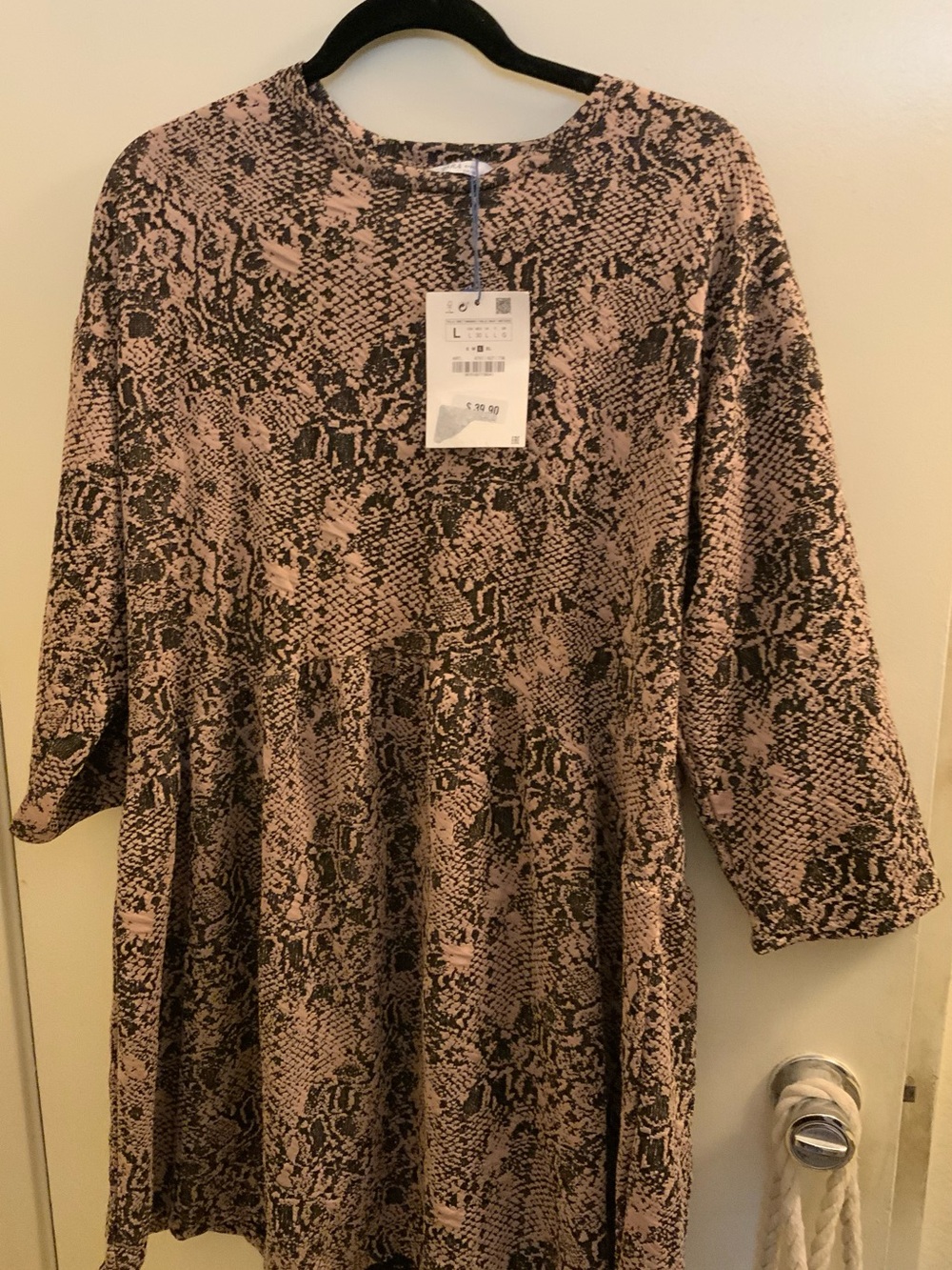 Zara Pink & Black Snake-Print Long Sleeve Tiered Dress